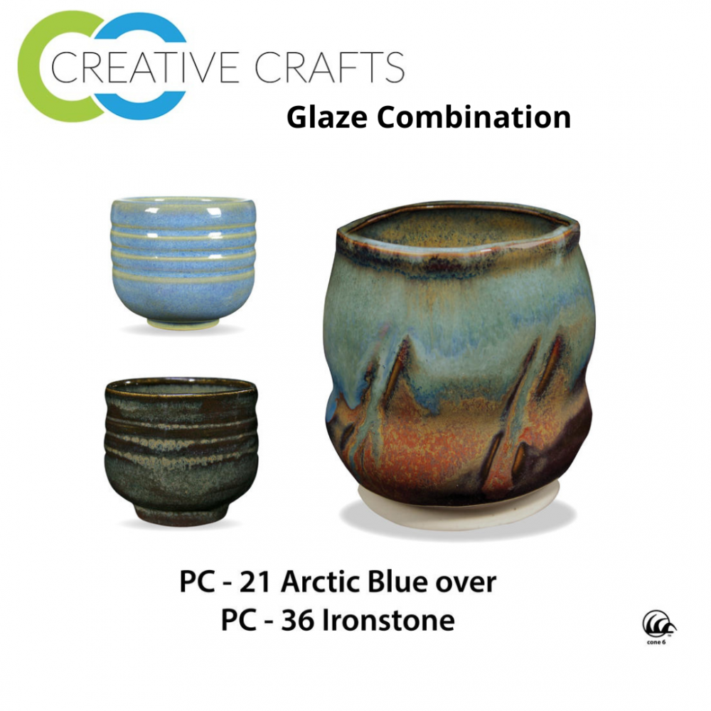 Arctic Blue PC-21 over Ironstone PC-36 Pottery Cone 5 Glaze Combination